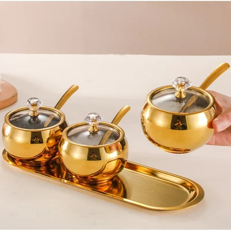 Gold and Silver Household Kitchen Condiment Pots for Serving Sugar Pepper Salt Spice Stainless Steel Sugar Bowl with Lid & Spoon