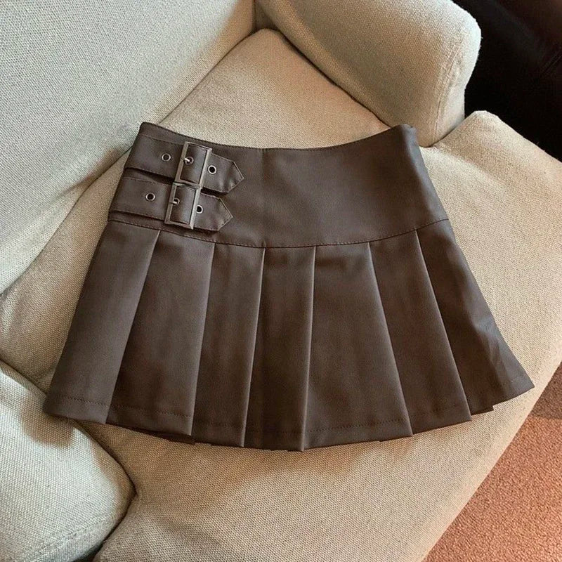 XS-3XL Y2K Pu Leather Mini Skirts Women Streetwear High Waist Pleated Skirt Vintage Korean Black Slim Casual A Line Skirts