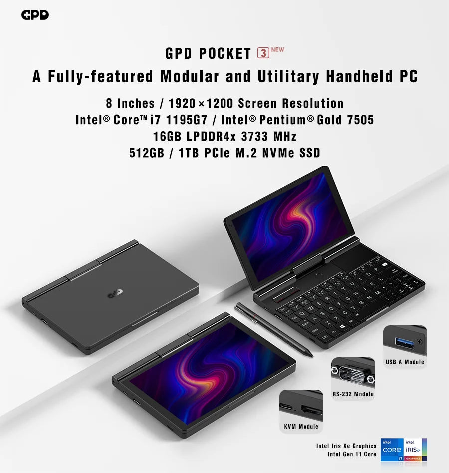 New GPD Pocket 3 Mini Laptop PC 8 Inch Intel Core i7 1195G7 16GB/1TB Pentium 7505 16GB/512GB Modular Full-featured Handheld WIFI