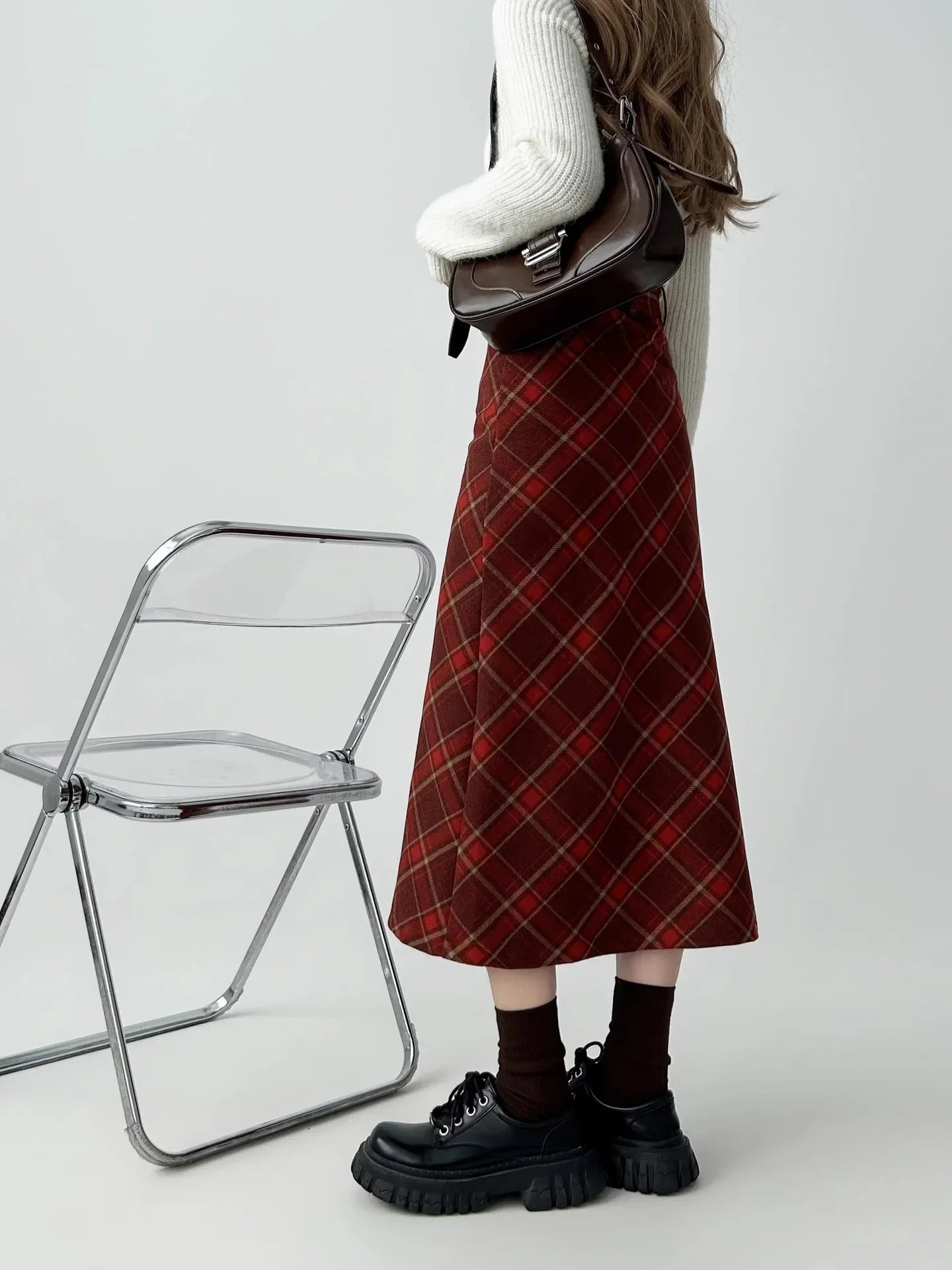 Vintage Plaid Skirt Women's Red Woolen Long Dress Petite Autumn/Winter 2024 Style Medium-Length A- Line Skirt