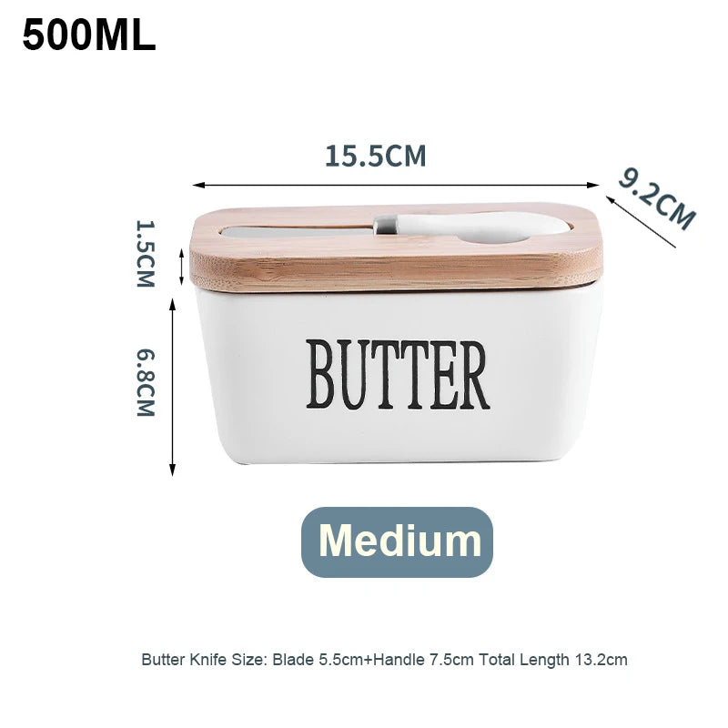 Ceramic Butter Container Box Restaurant Sealed Storage Box Cheese Box with Knife Bamboo Lid Butter Slicer Butter Dish Tableware