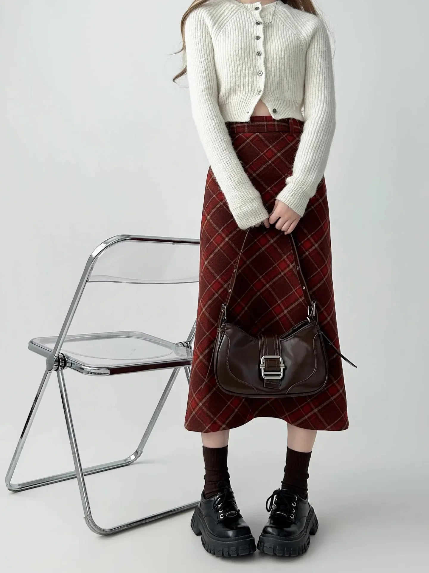 Vintage Plaid Skirt Women's Red Woolen Long Dress Petite Autumn/Winter 2024 Style Medium-Length A- Line Skirt