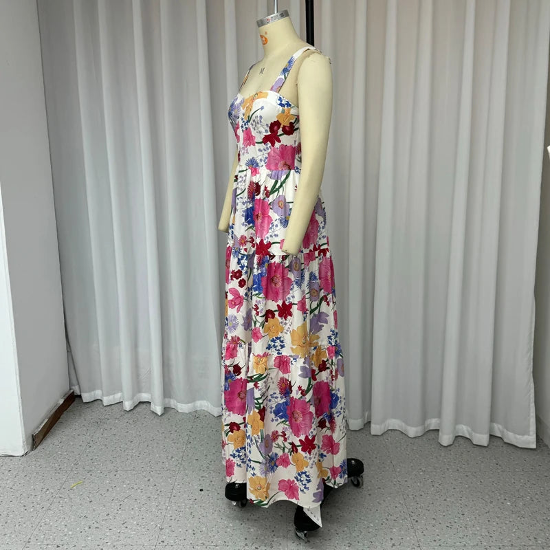 Ellafads Long Dress Women Summer Sweet Elegant Suspender Sleeveless Multicolor Printed Nipped Waist Evening Party Long Dresses