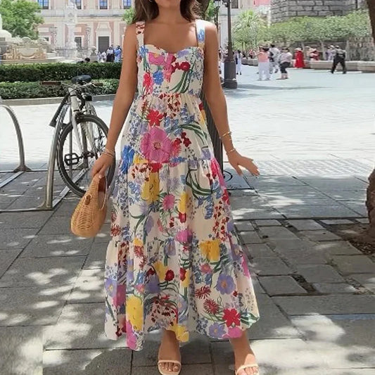 Ellafads Long Dress Women Summer Sweet Elegant Suspender Sleeveless Multicolor Printed Nipped Waist Evening Party Long Dresses