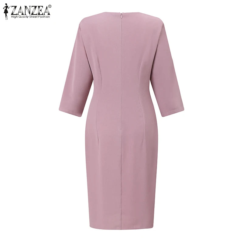 ZANZEA Summer Women Half Sleeved Party Sundress Elegant Office OL Dress Fashion Holiday Work Vestidos Solid Knee Length Robe