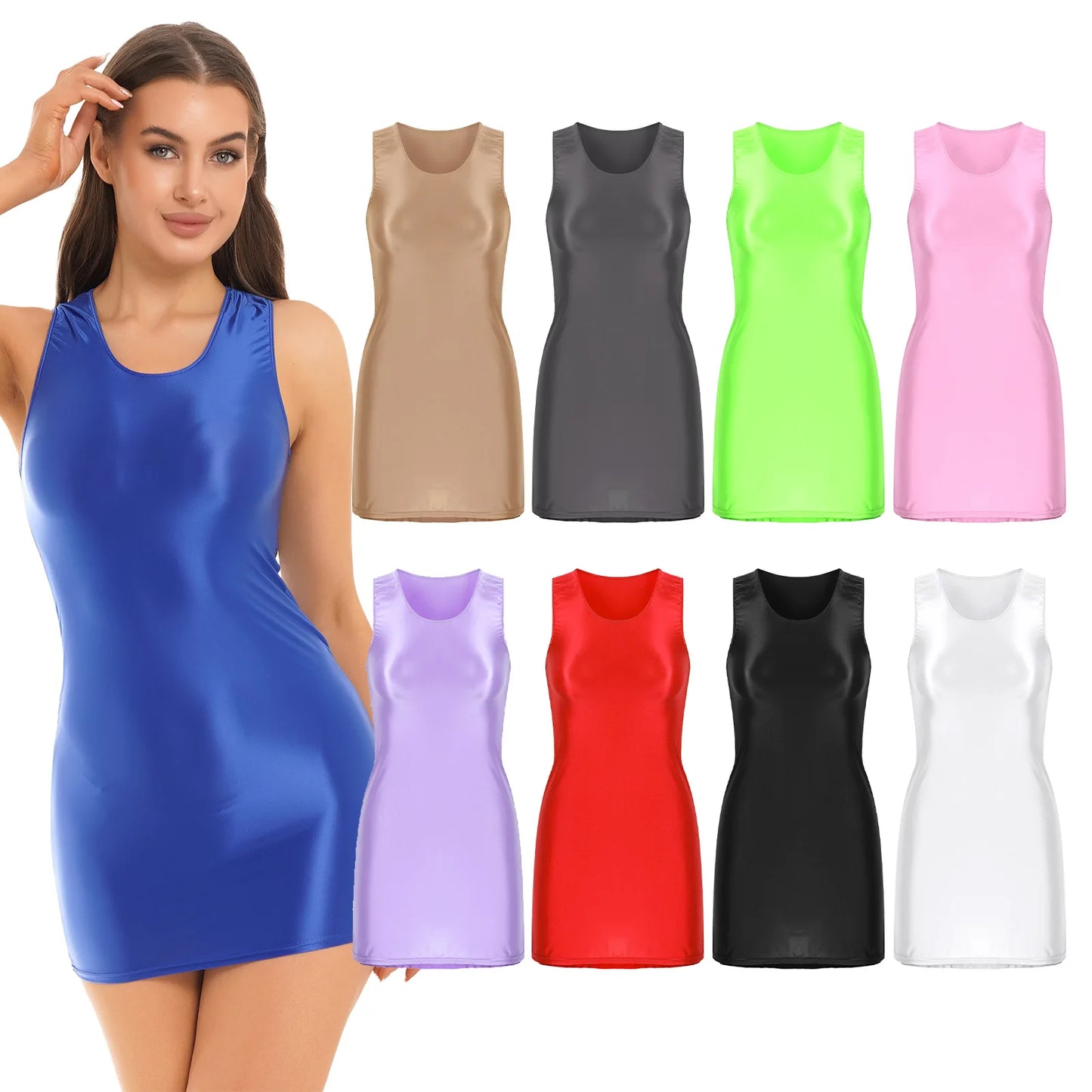 Women's Oil Glossy Stretch Tank Mini Dress Solid Color Sleeveless Tights Bodycon Short Dress Stretch U Neck Party Sundress