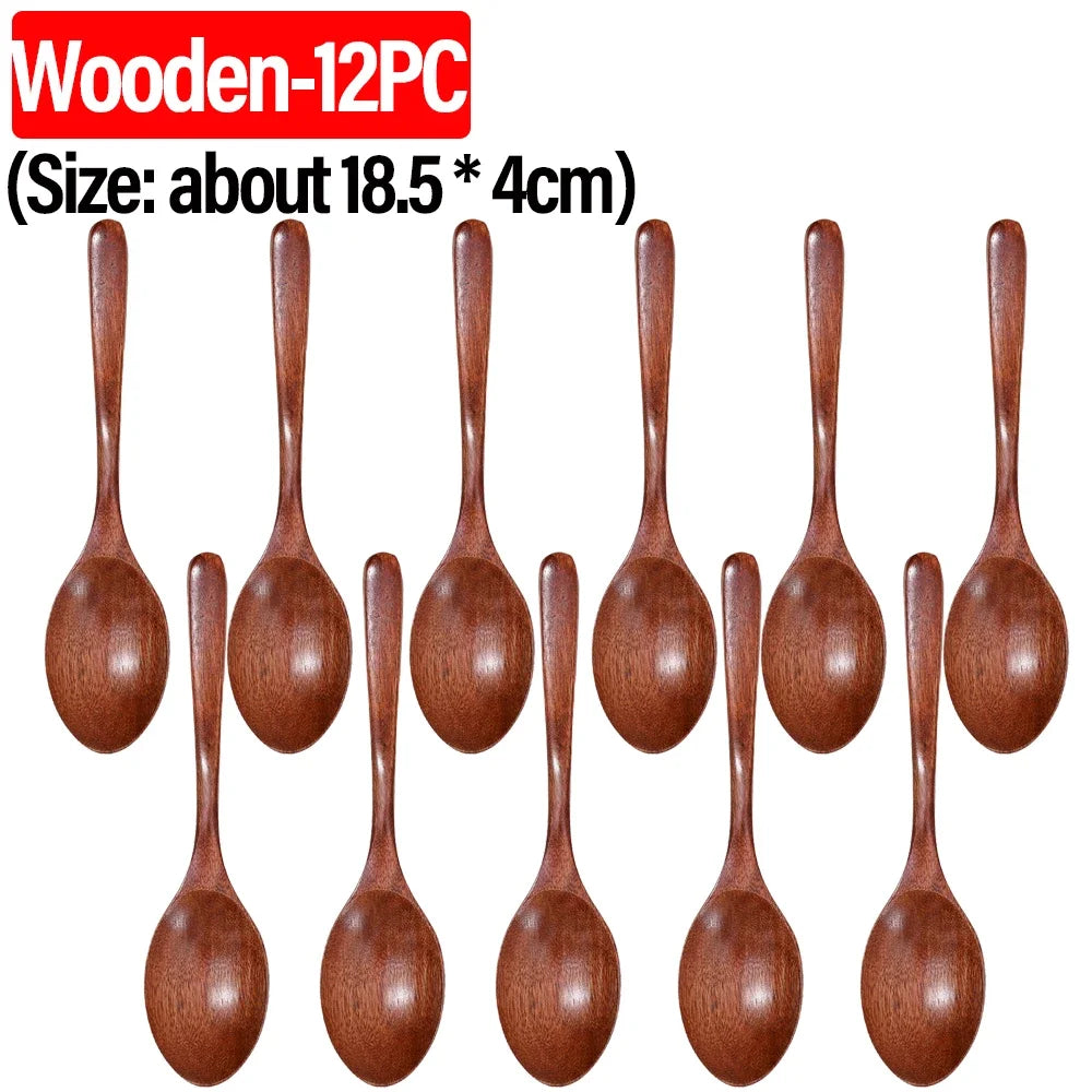 1-12PCS Wooden Tea Spoons Long-handle Soup Scoop Ellipse Ladle Sets Kitchen Spice Honey Coffee Stir Spoons Home Tableware Supply