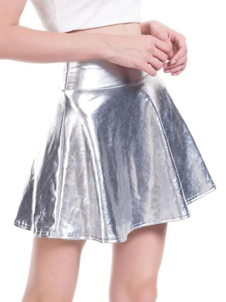 CUHAKCI Short Sexy High Waist Pleated Skirts Women Solid Casual Silver Gold Mini Laser Women Party Club