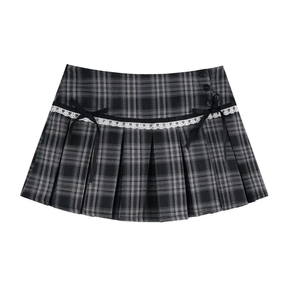 College Style Gray Bow Lace Mini Plaid Skirt for Women Summer New Chic Spicy Girl High Waist Slim A-line Short Skirts for Women