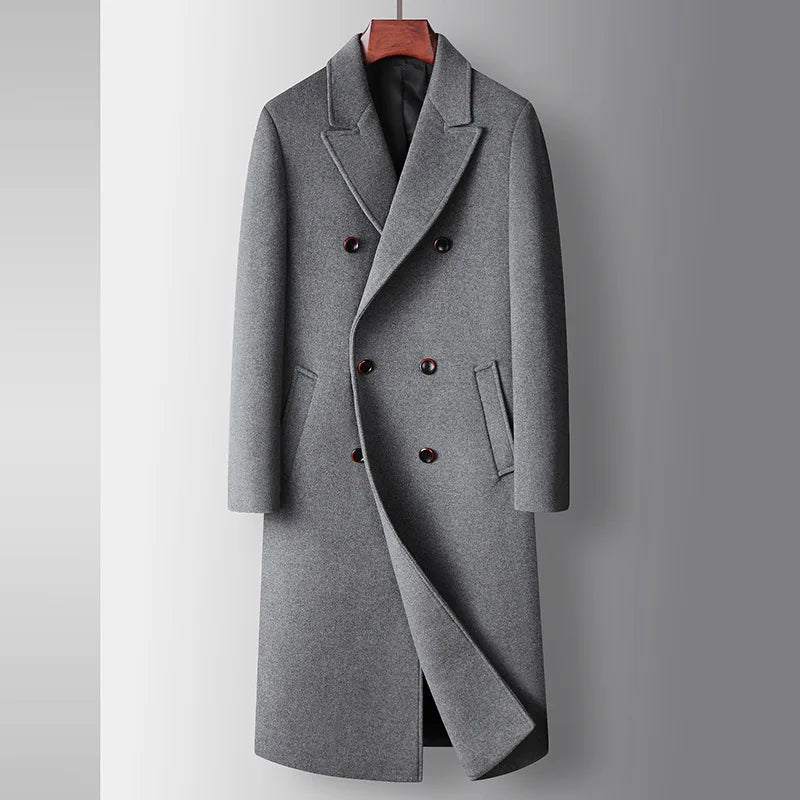 Autumn Winter Men's Wool Blends Coats Fashion Double Breasted Smart Casual Long Woolen Trench Men Trun Down Collar Outerwear