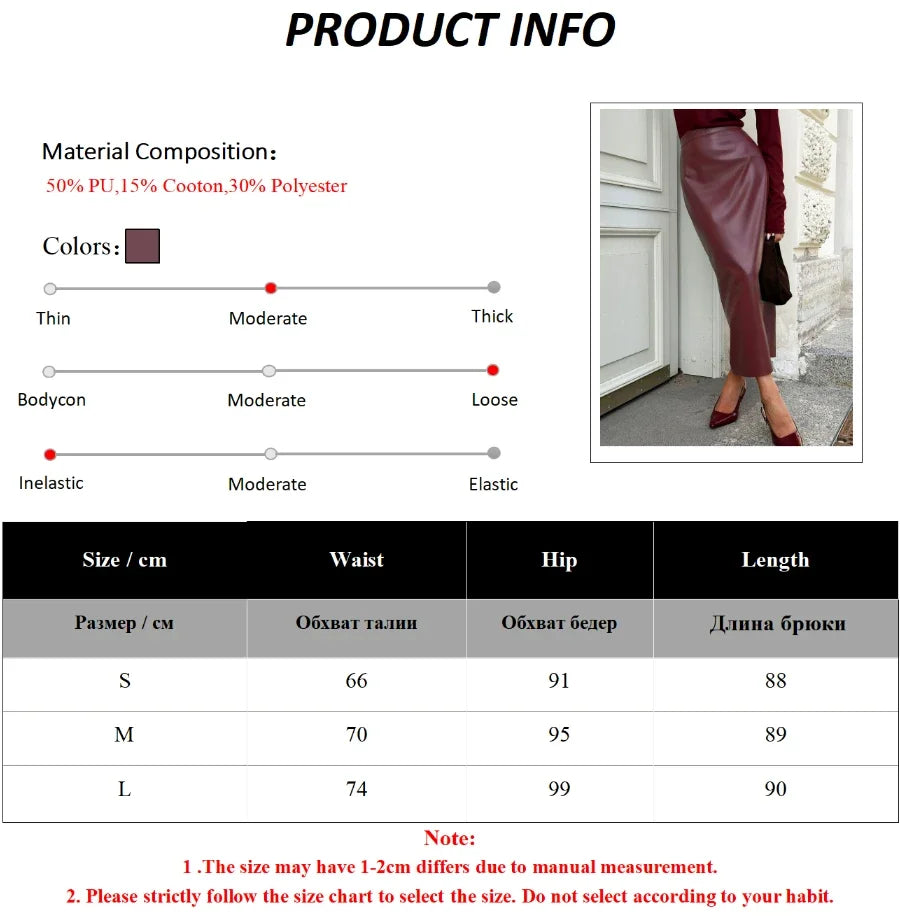 Wolfeel Women's Retro Split Hip Skirt Autumn New High Waist  Ankela Red Fashionable Ladies Slim Fit PU Leather Long Skirt