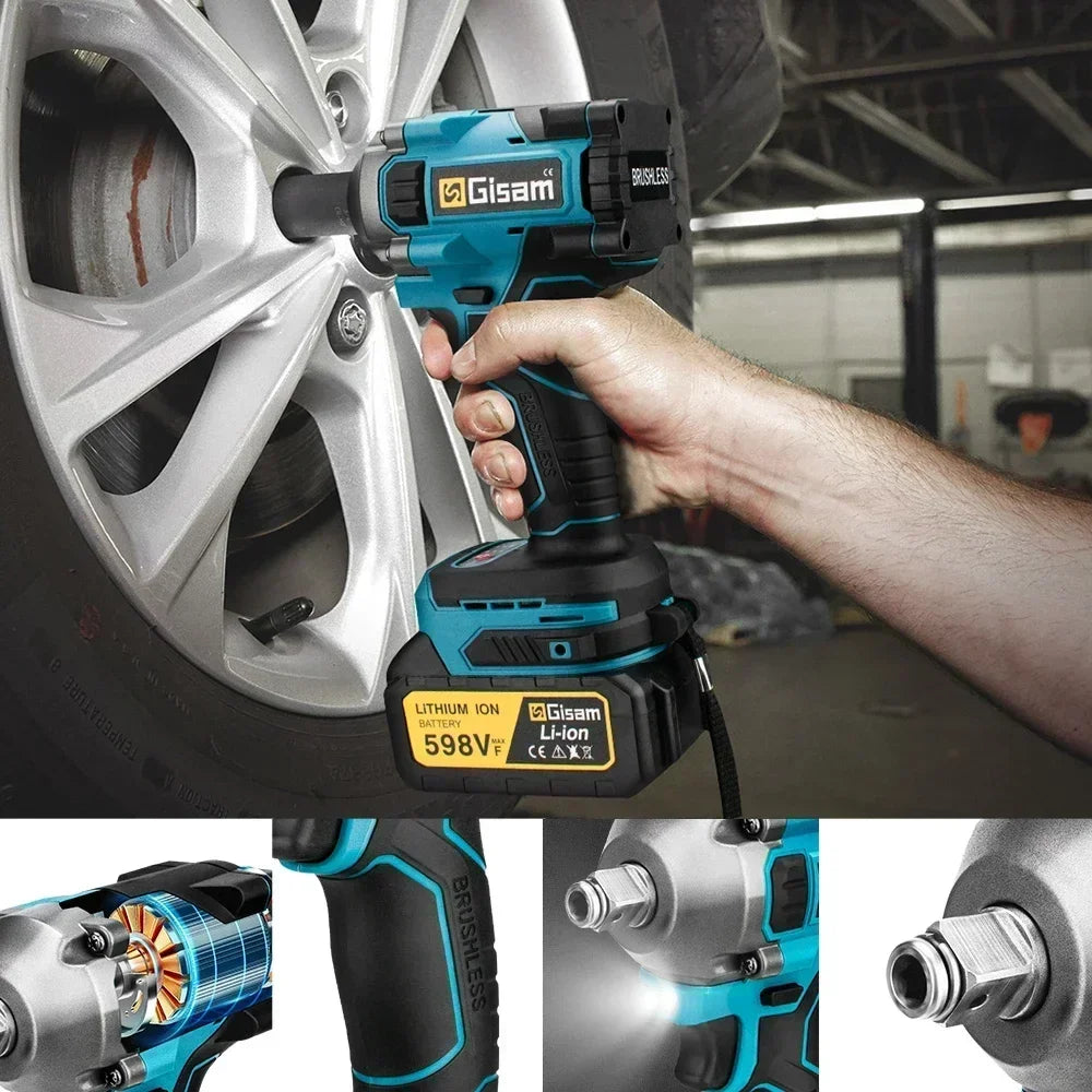 Gisam 1000NM Brushless Electric Impact Wrench Rechargeable Wrench 1/2" Variable Car Repair Power Tool For Makita 18V Battery