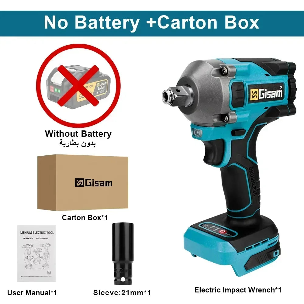 Gisam 1000N.M Torque Brushless Electric Impact Wrench 1/2 Inch Lithium-Ion Battery Cordless Power Tool For Makita 18V Battery