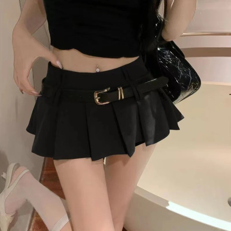 New Y2K Black With Belt Pleated Skirts Women Summer High Waist All-Match A-Line Skirts Harajuku Preppy Casual Mini Skirts