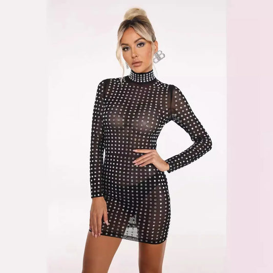 Women Thin Mesh Studded Bodycon Mini Dress High Stretchable Long Sleeve Turtleneck Evening Club Party Guest Look Dresses