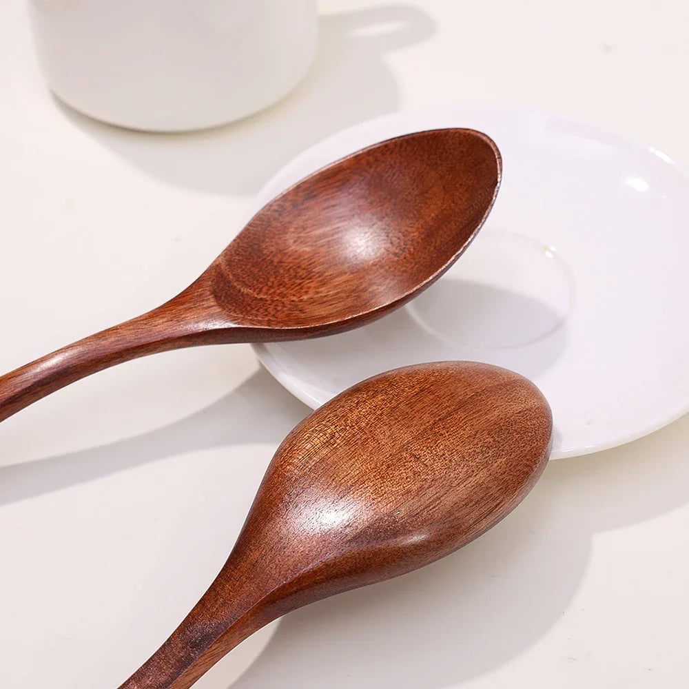 1-12PCS Wooden Tea Spoons Long-handle Soup Scoop Ellipse Ladle Sets Kitchen Spice Honey Coffee Stir Spoons Home Tableware Supply