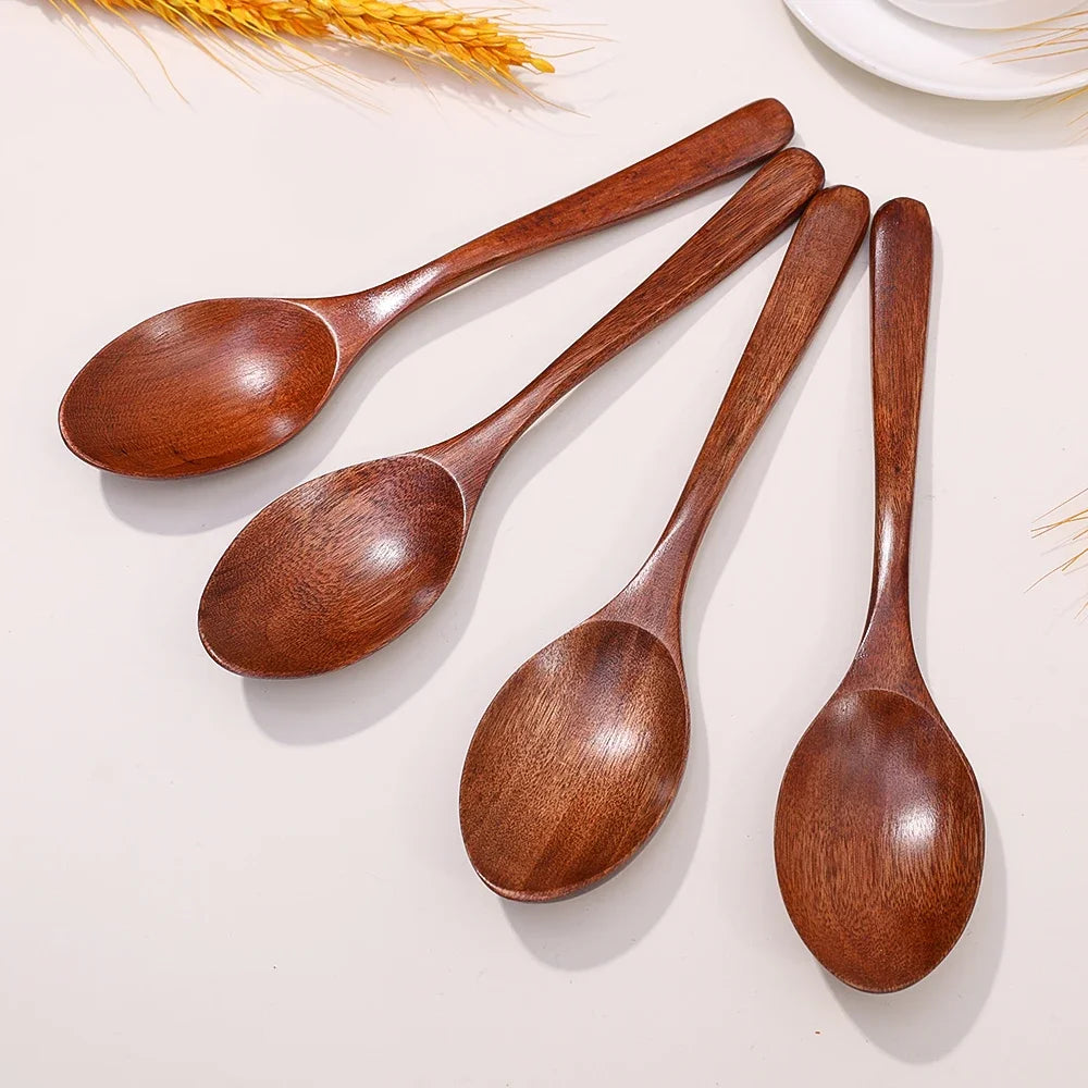 1-12PCS Wooden Tea Spoons Long-handle Soup Scoop Ellipse Ladle Sets Kitchen Spice Honey Coffee Stir Spoons Home Tableware Supply