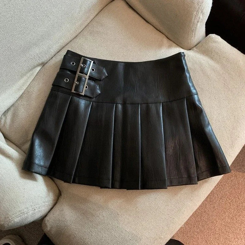 XS-3XL Y2K Pu Leather Mini Skirts Women Streetwear High Waist Pleated Skirt Vintage Korean Black Slim Casual A Line Skirts