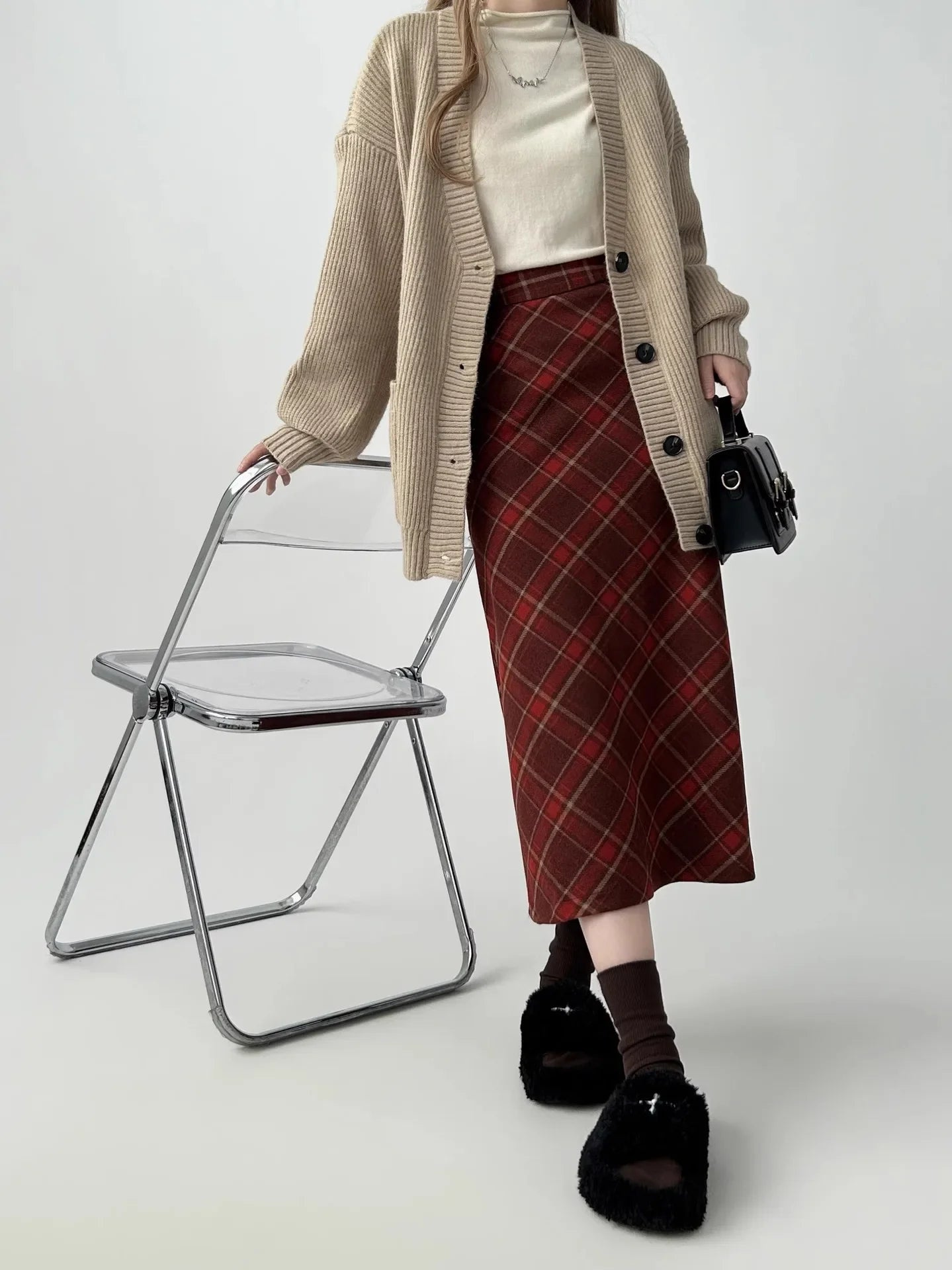 Vintage Plaid Skirt Women's Red Woolen Long Dress Petite Autumn/Winter 2024 Style Medium-Length A- Line Skirt