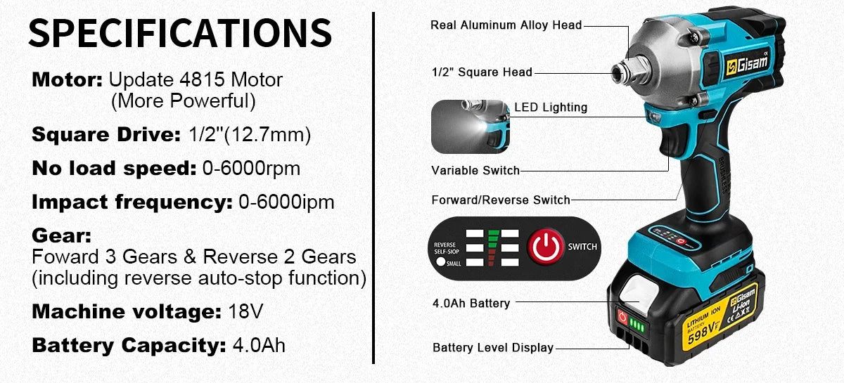 Gisam 1000NM Brushless Electric Impact Wrench Rechargeable Wrench 1/2" Variable Car Repair Power Tool For Makita 18V Battery