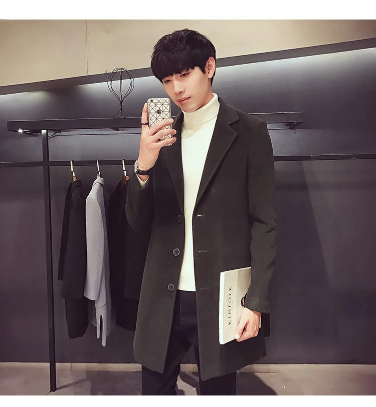 Autumn and Winter Slim Fit Long Wool Coat for Men's Single Breasted Lapel, Street Fashion Business Trench Coat for Men Clothing