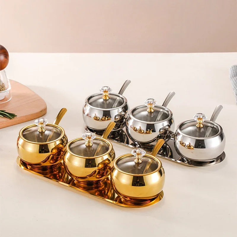 Gold and Silver Household Kitchen Condiment Pots for Serving Sugar Pepper Salt Spice Stainless Steel Sugar Bowl with Lid & Spoon