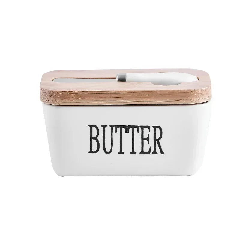 Ceramic Butter Container Box Restaurant Sealed Storage Box Cheese Box with Knife Bamboo Lid Butter Slicer Butter Dish Tableware