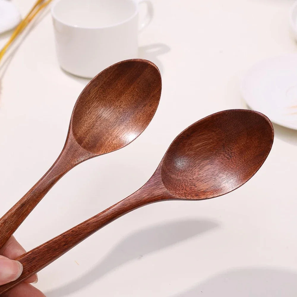 1-12PCS Wooden Tea Spoons Long-handle Soup Scoop Ellipse Ladle Sets Kitchen Spice Honey Coffee Stir Spoons Home Tableware Supply