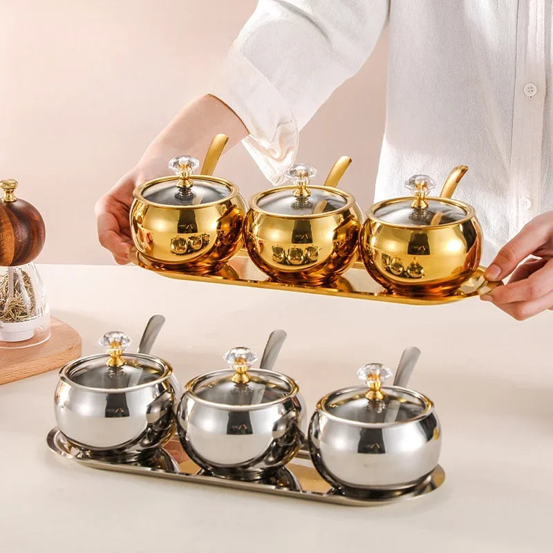 Gold and Silver Household Kitchen Condiment Pots for Serving Sugar Pepper Salt Spice Stainless Steel Sugar Bowl with Lid & Spoon