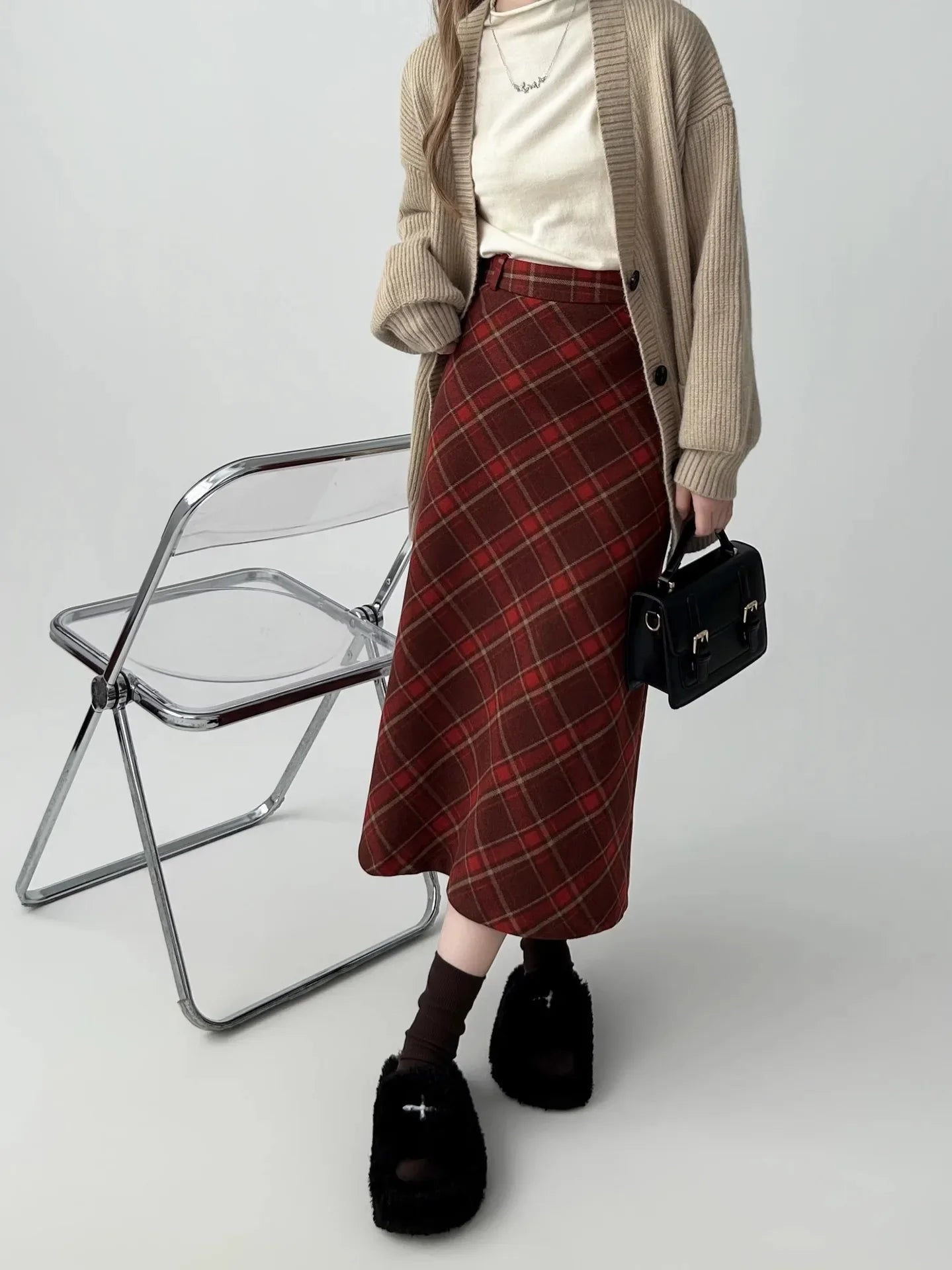 Vintage Plaid Skirt Women's Red Woolen Long Dress Petite Autumn/Winter 2024 Style Medium-Length A- Line Skirt