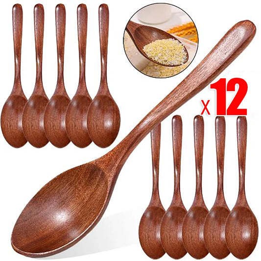 1-12PCS Wooden Tea Spoons Long-handle Soup Scoop Ellipse Ladle Sets Kitchen Spice Honey Coffee Stir Spoons Home Tableware Supply