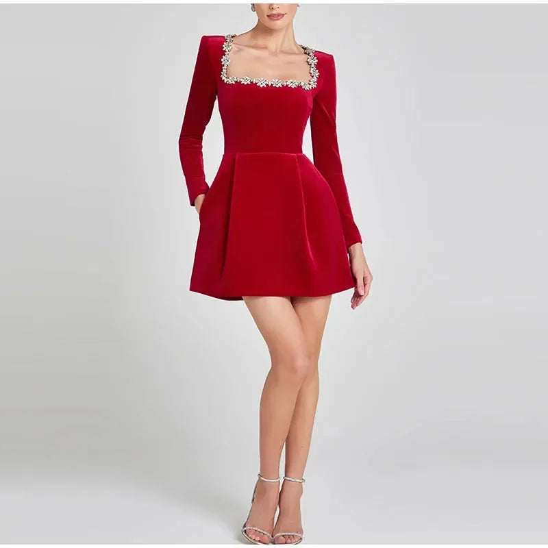 Elegant Rhinestone Velvet Dress Women Long Sleeve Square Neck High Waist Mini Dresses Female 2024 Lady Evening Party Gown