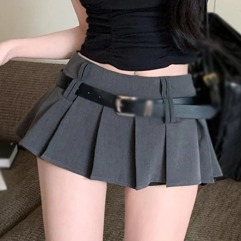 New Y2K Black With Belt Pleated Skirts Women Summer High Waist All-Match A-Line Skirts Harajuku Preppy Casual Mini Skirts