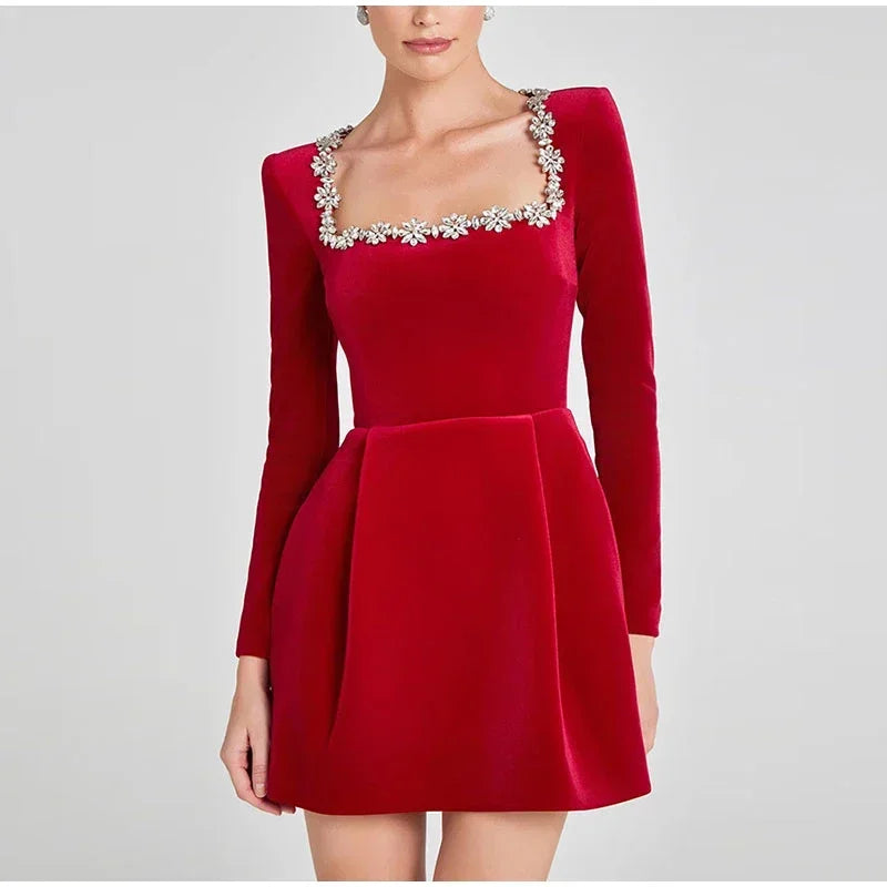 Elegant Rhinestone Velvet Dress Women Long Sleeve Square Neck High Waist Mini Dresses Female 2024 Lady Evening Party Gown