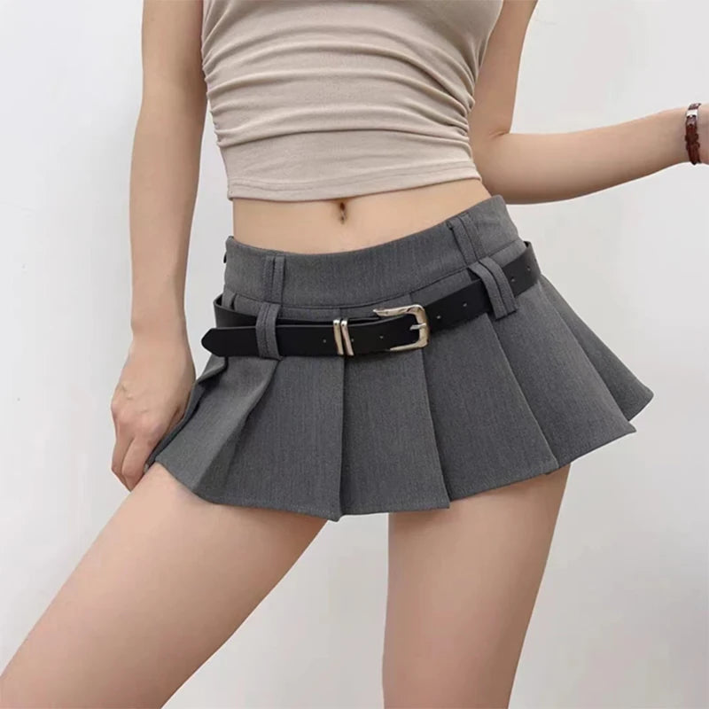 New Y2K Black With Belt Pleated Skirts Women Summer High Waist All-Match A-Line Skirts Harajuku Preppy Casual Mini Skirts