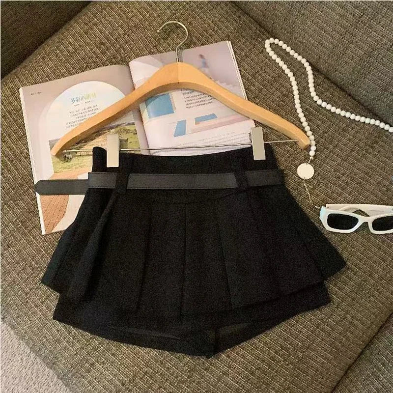 Y2K Preppy Women Pleated Skirts Fashion All Match with Belt Ladies Mini Skirts Korean High Waist Streetwear Casual A Line Skirts