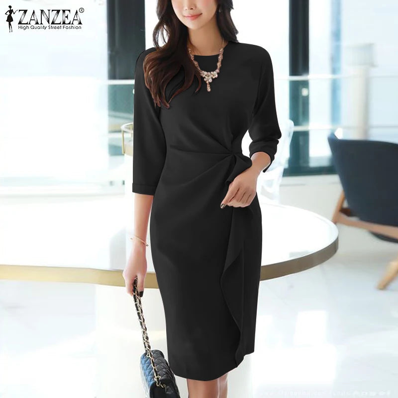 ZANZEA Summer Women Half Sleeved Party Sundress Elegant Office OL Dress Fashion Holiday Work Vestidos Solid Knee Length Robe