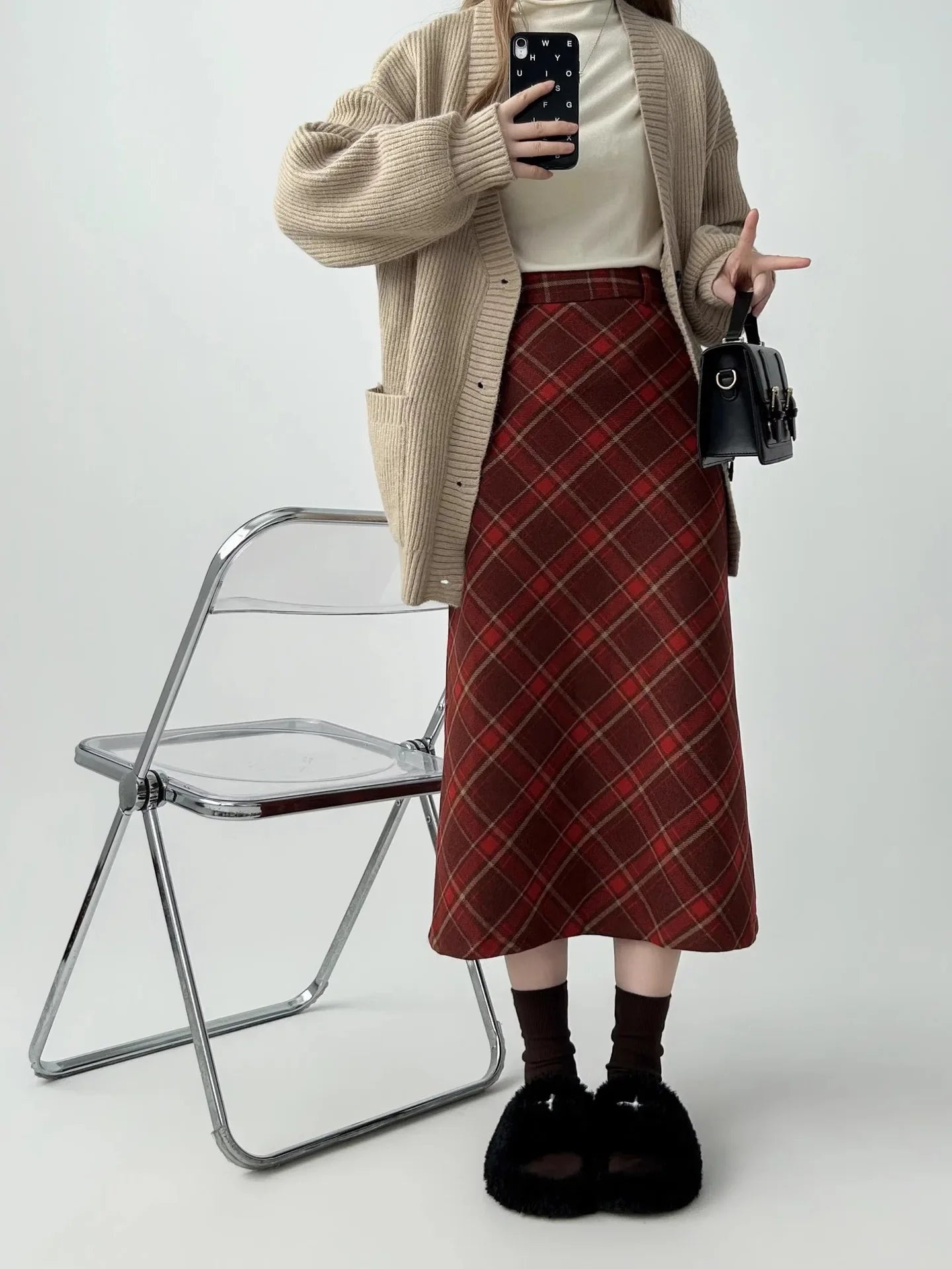 Vintage Plaid Skirt Women's Red Woolen Long Dress Petite Autumn/Winter 2024 Style Medium-Length A- Line Skirt