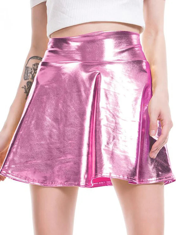 CUHAKCI Short Sexy High Waist Pleated Skirts Women Solid Casual Silver Gold Mini Laser Women Party Club