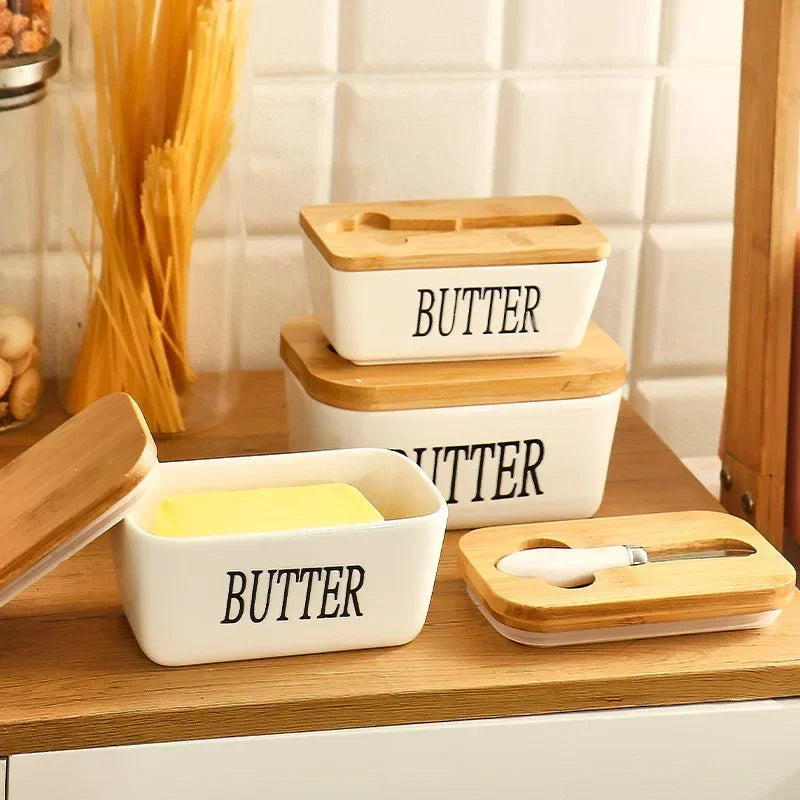 Ceramic Butter Container Box Restaurant Sealed Storage Box Cheese Box with Knife Bamboo Lid Butter Slicer Butter Dish Tableware