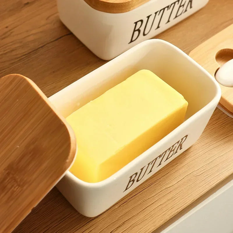 Ceramic Butter Container Box Restaurant Sealed Storage Box Cheese Box with Knife Bamboo Lid Butter Slicer Butter Dish Tableware