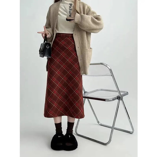 Vintage Plaid Skirt Women's Red Woolen Long Dress Petite Autumn/Winter 2024 Style Medium-Length A- Line Skirt