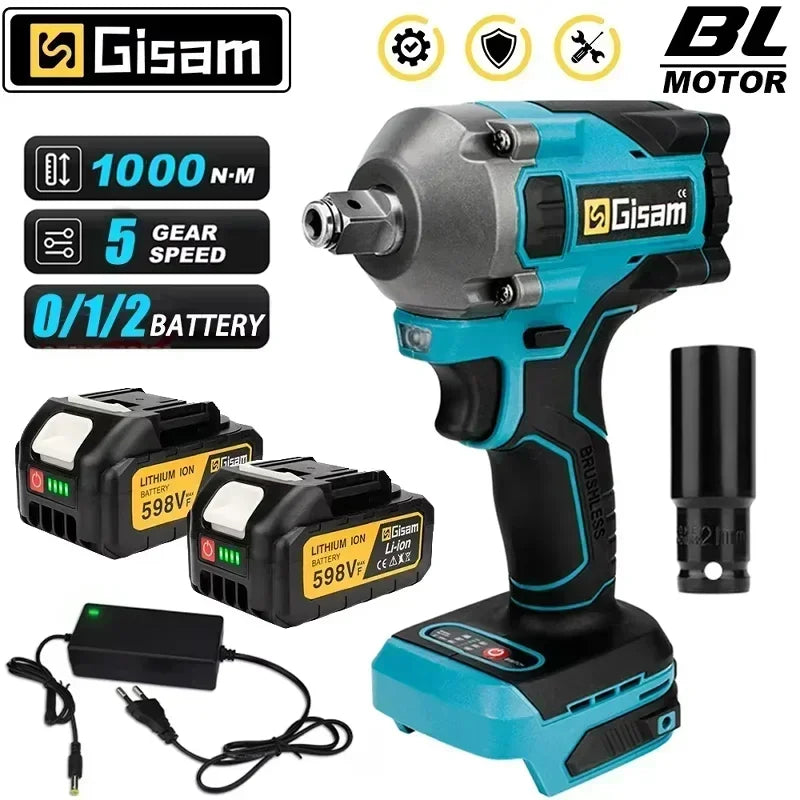 Gisam 1000NM Brushless Electric Impact Wrench Rechargeable Wrench 1/2" Variable Car Repair Power Tool For Makita 18V Battery