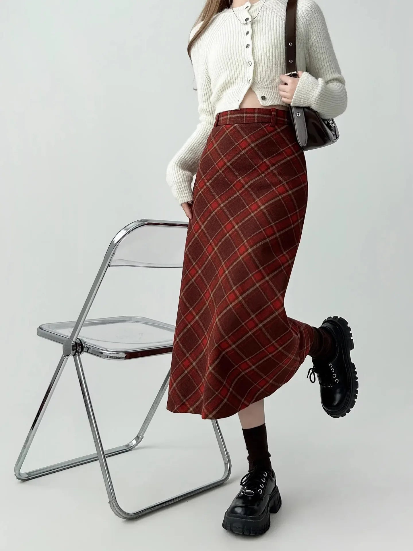 Vintage Plaid Skirt Women's Red Woolen Long Dress Petite Autumn/Winter 2024 Style Medium-Length A- Line Skirt