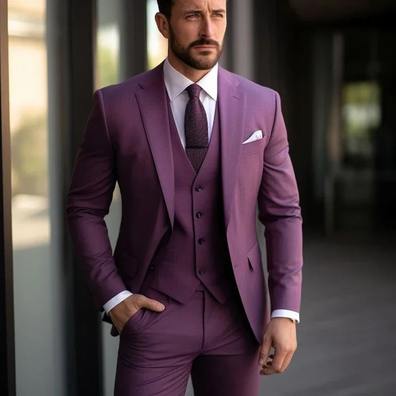 Purple Men's Suits Elegant Blazer Terno High Quality 3 Piece Jacket Pants Vest Set Business Outfits Costume Homme Slim Fit 2024