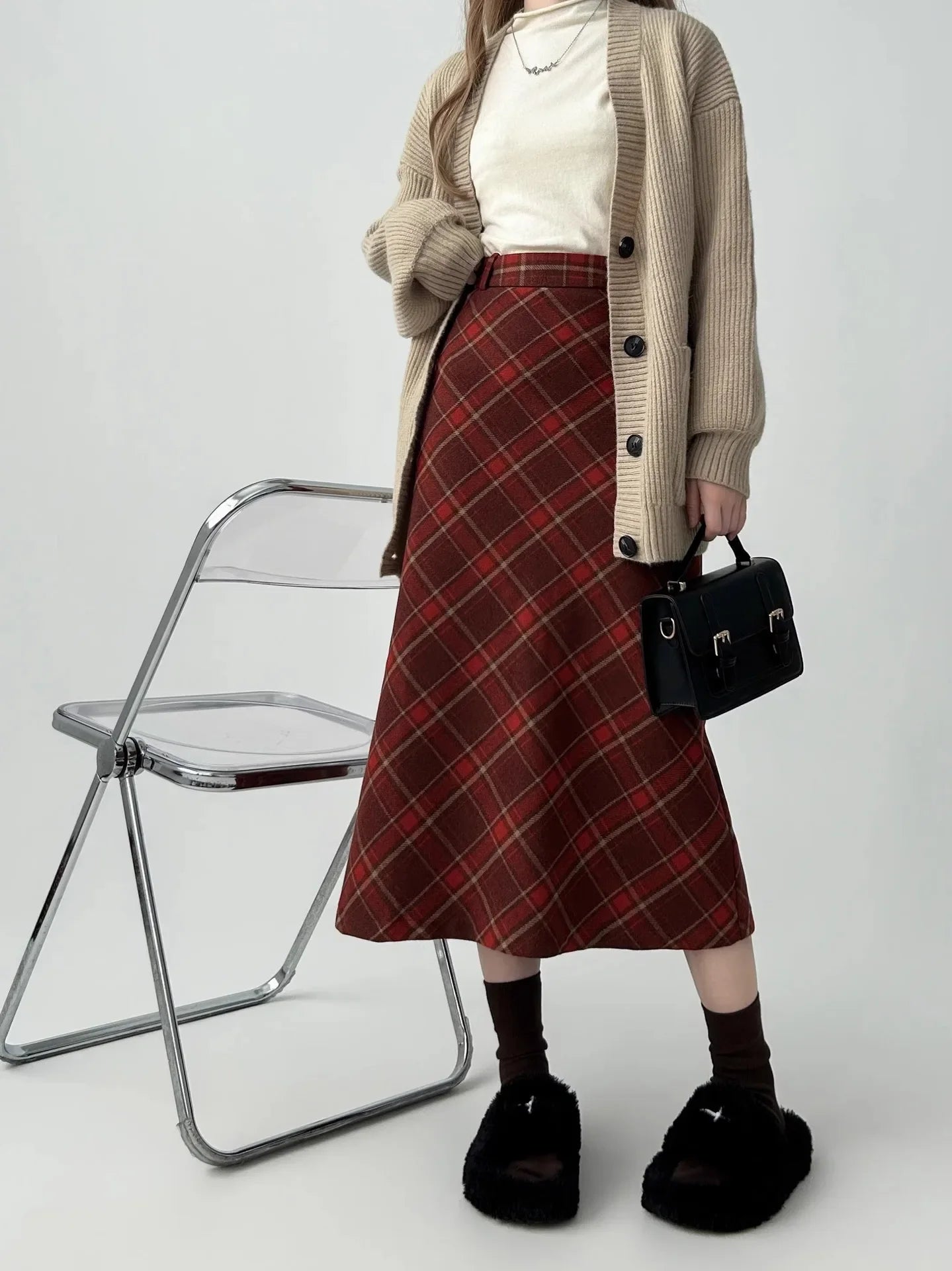 Vintage Plaid Skirt Women's Red Woolen Long Dress Petite Autumn/Winter 2024 Style Medium-Length A- Line Skirt