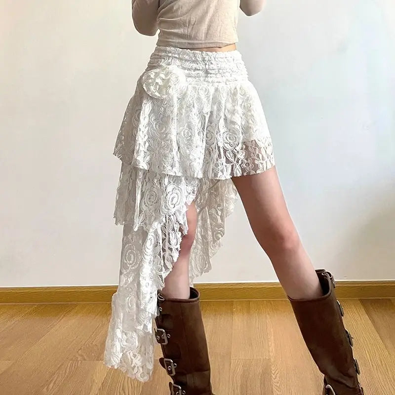 Lace Irregular Streetwear Bohemian Mini Skirts Y2k Aesthetic 3D Flower High Waist Skirt Ruffled Women Fairy Sexy Harajuku