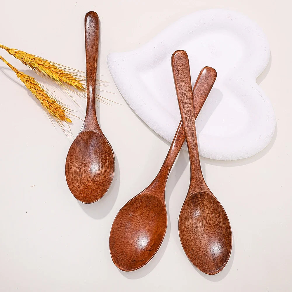 1-12PCS Wooden Tea Spoons Long-handle Soup Scoop Ellipse Ladle Sets Kitchen Spice Honey Coffee Stir Spoons Home Tableware Supply