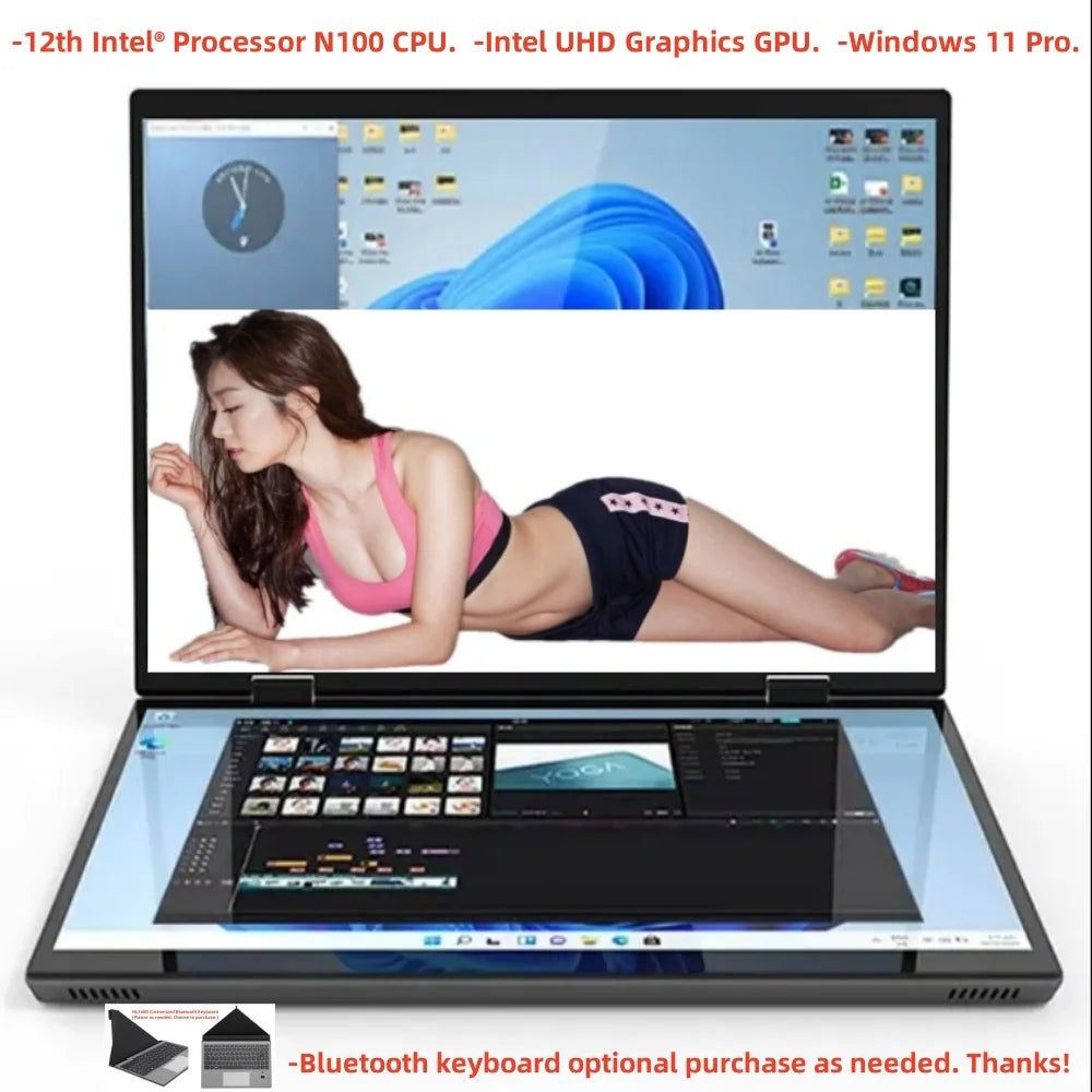 2024 New Dual Display Business Laptop Dual 14 inch Touch 2in1 Intel N100 12th DDR4 16GB 32GB Double Full Touch Screen Laptop