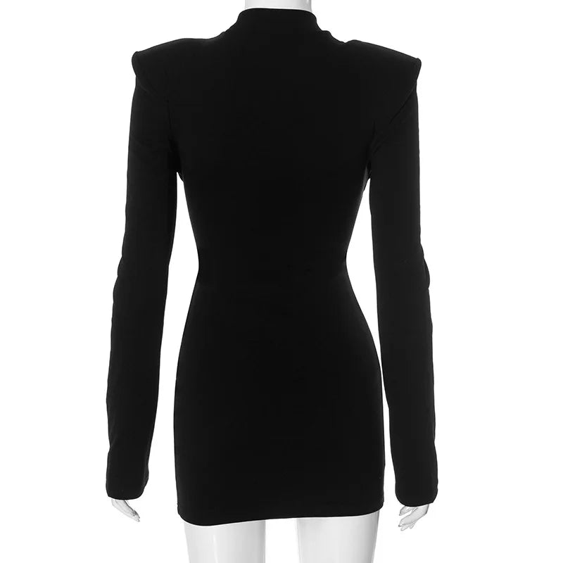 Fashion Tie Knot Shoulder Pads Short Dress Women's Hollow Out Long Sleeve High Waist Tunics Solid Black Party Dresses Streetwear